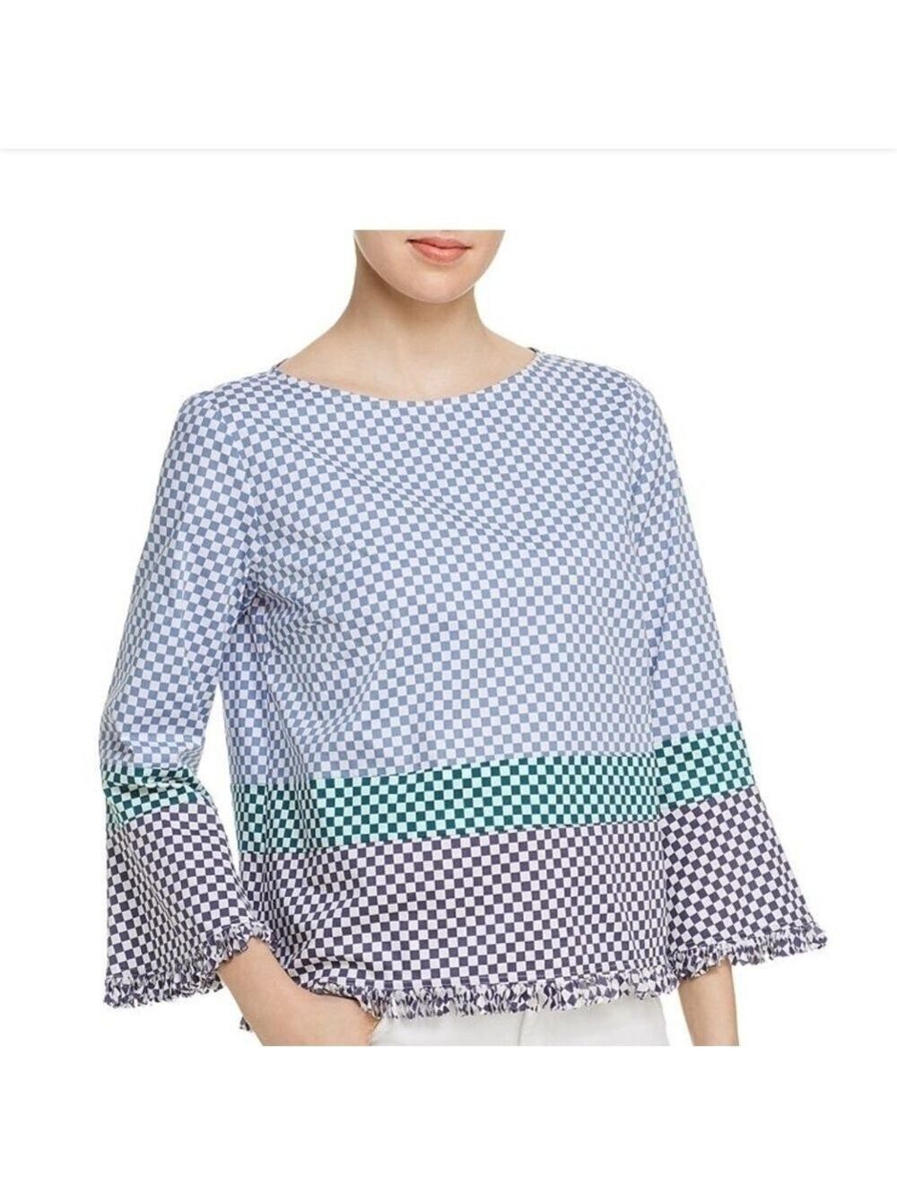 Marella Antibes Blue White Green Checkered Top Size 6